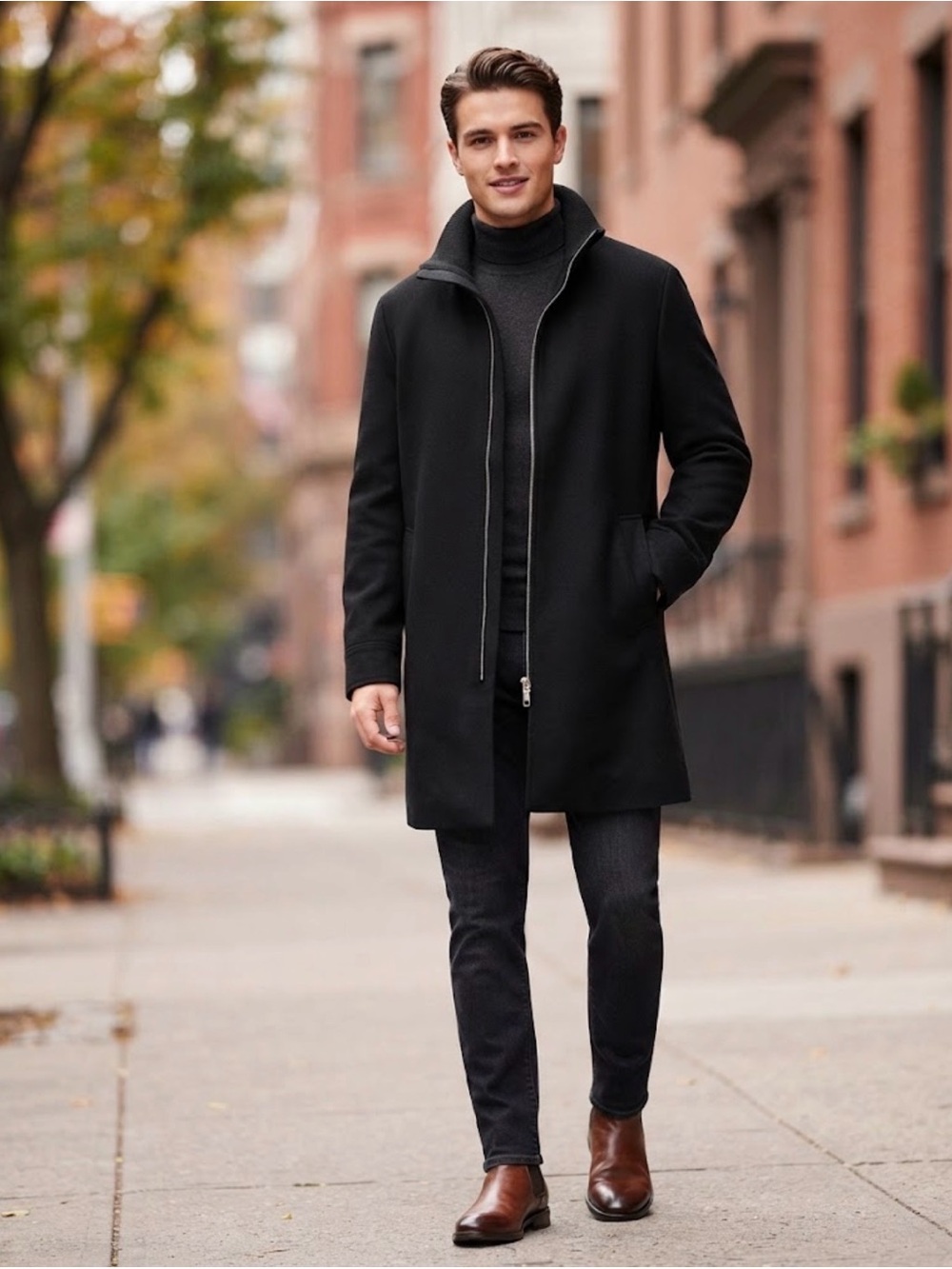 Hugo Boss Black Zip-Front Pea Coat with Stand Collar